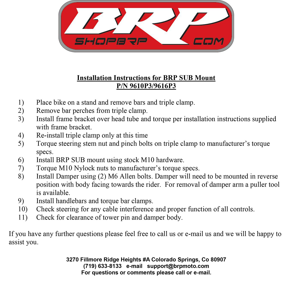 Installation Instructions for BRP SUB Mount